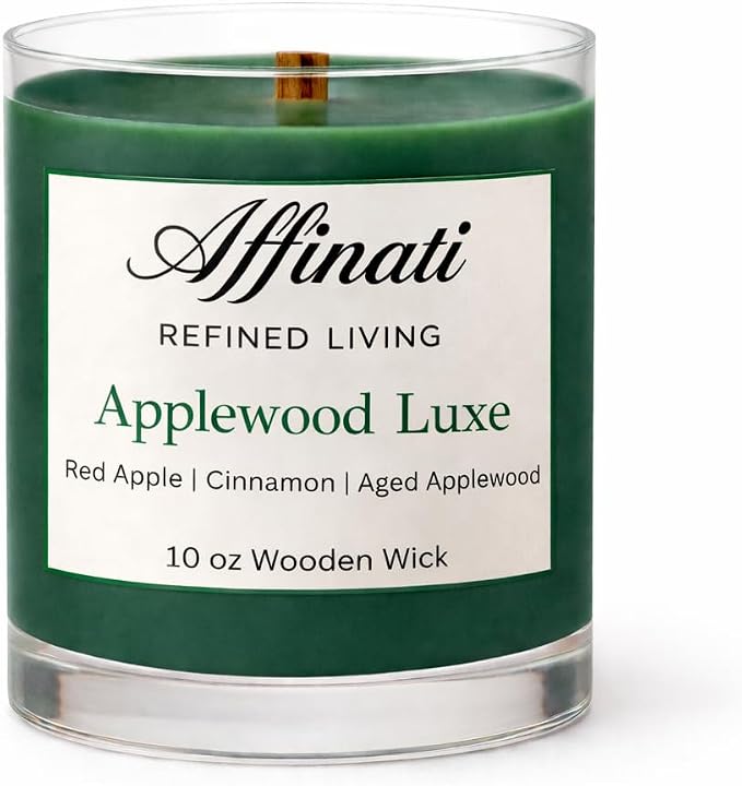 Affinati Applewood Luxe Scented Candle, 10 oz Wooden Wick Tumbler Jar – Highly Fragrant Crisp Red Apple & Wood Aromatherapy, Orchard Soy Gift
