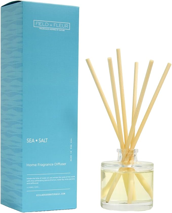 Field + Fleur - Reed Diffuser Set - Home Fragrance Diffuser - Refresh Home, Bedrooms, Bathrooms & More - Notes of Lemon, Water Lily, Jasmine & Driftwood - Made in the USA - Sea Salt Scent - 4 oz