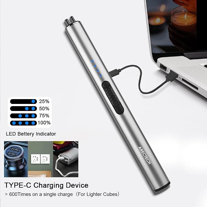 ARECTECH Electric Candle Rechargeable Lighter Arc Plasma Lighters for Candle Kitchen Camping Christmas Type-C Silver
