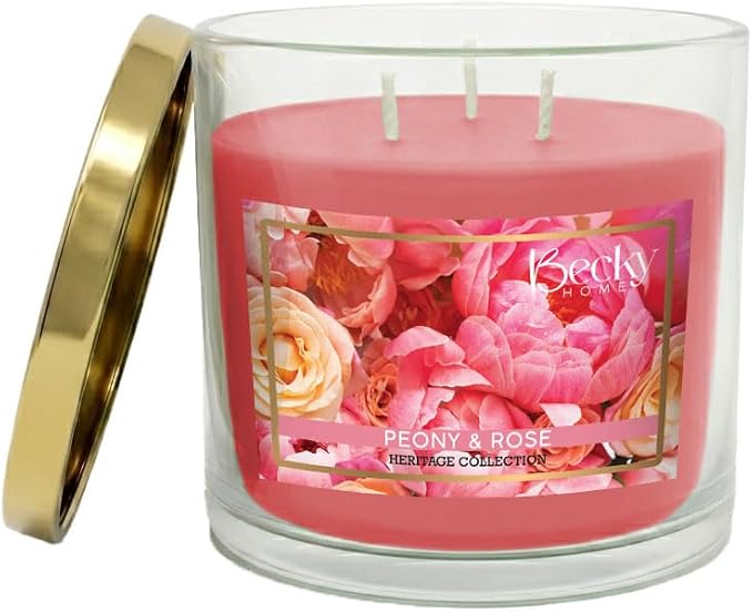 Peony and Rose Scented 3-Wick Candle in Glass Jar | Candles for Home | 14.5oz Rustic Home Decor Novelty Candle | 60 Hour Burn Time Candle