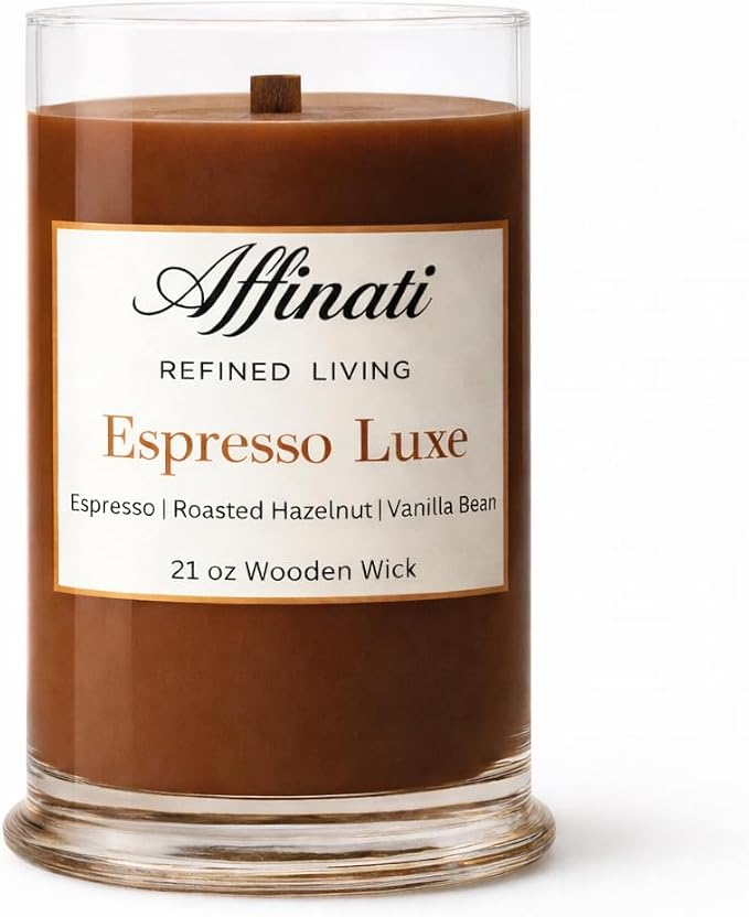 Affinati Espresso Luxe Large Scented Candle, 21 oz Wooden Wick Tumbler – Highly Fragrant Long Lasting Premium Coffee Shop Fragrance, Soy Blend