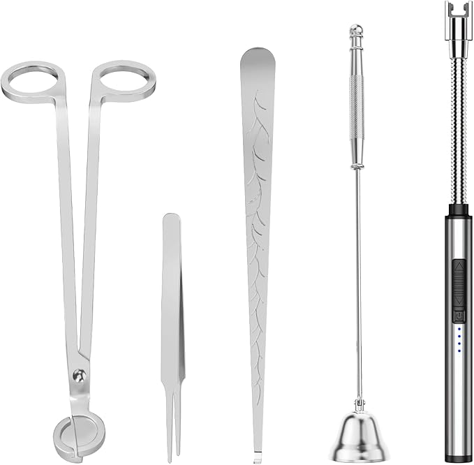 5 in 1 Candle Accessory Set,Candle Wick Trimmer Cutter,Candle Wick Dipper,Candle Wick Snuffer,Rechargeable Candle Lighter,Tweezers,Stainless Steel Candle Care Kit Home Gift for Aromatherapy