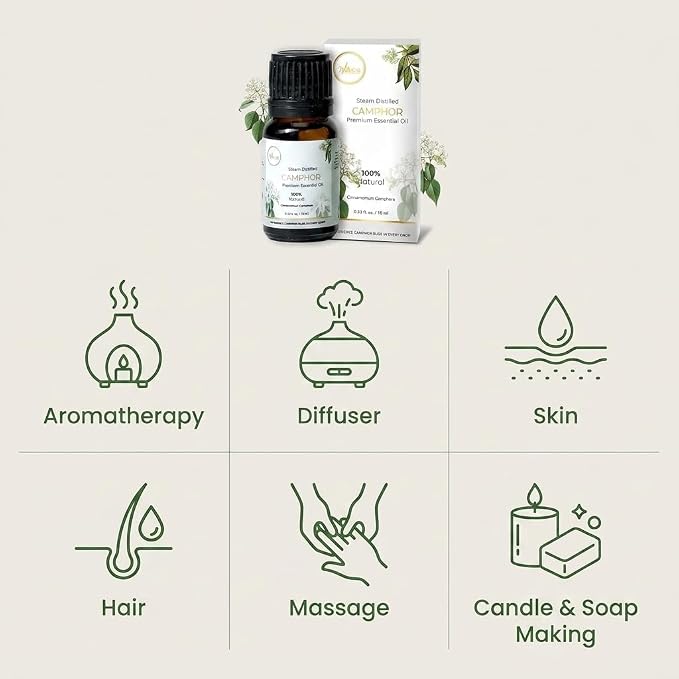 My ACE Camphor Essential Oil 0.33 Fl Oz - Pure & Natural - Premium Grade for Aromatherapy, Diffuser, Skin, Hair, Massage, Candle, Soap Making, Home - Glass Bottle with Dropper - Long Lasting Scent
