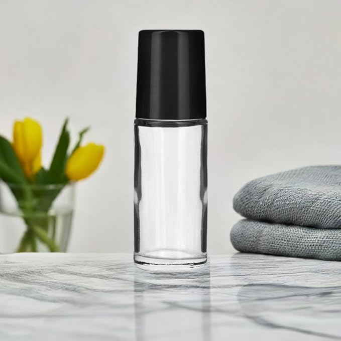 JUVITUS Clear Glass Heavy Wall Bottle 1 oz / 30 ml with Roll On (2 PACK) + Funnel and Labels for Aromatherapy