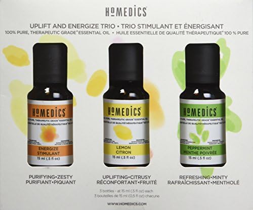 Homedics Essential Oil Set, Uplift and Energize with Lemon Citrol, Peppermint Menthe Poivree, and Energize Stimulant. 3-Pack Essential Oil Kit for Diffusers, 15ml Each