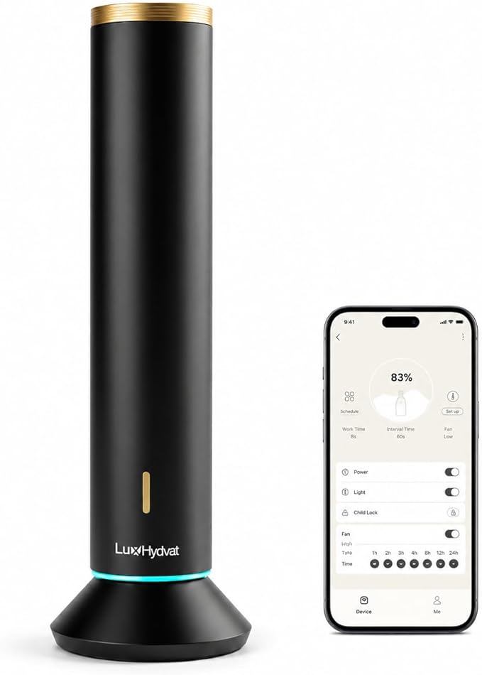 Waterless Essential Oil Diffuser, Smart App Controlled Scent Diffuser for Large Room, Covers Up to 4000 Sq Ft, Quiet Aroma Diffuser for Home Hotel Office,360° Ambient Light (Black, Desktop)