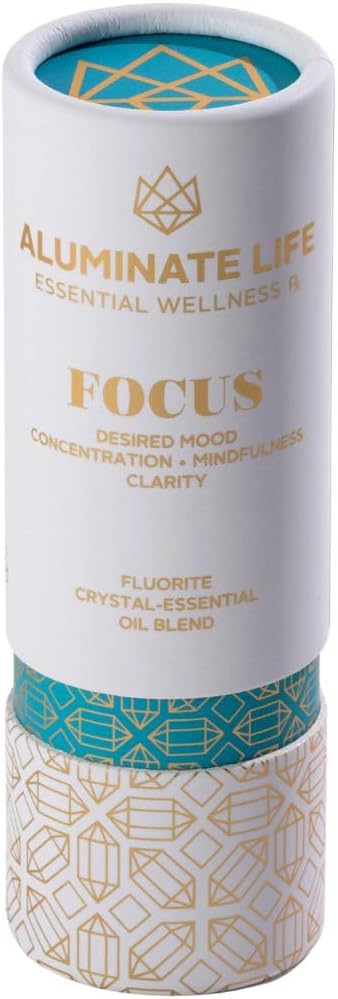 Crystal Infused Essential Oil Vial, 1 Oz, Focus - Fluorite Crystal Infused - Scents of Orange, Ginger, Ylang-ylang, & Lavender - Aromatherapy Oils, Massage, Relaxing, Stress Relief