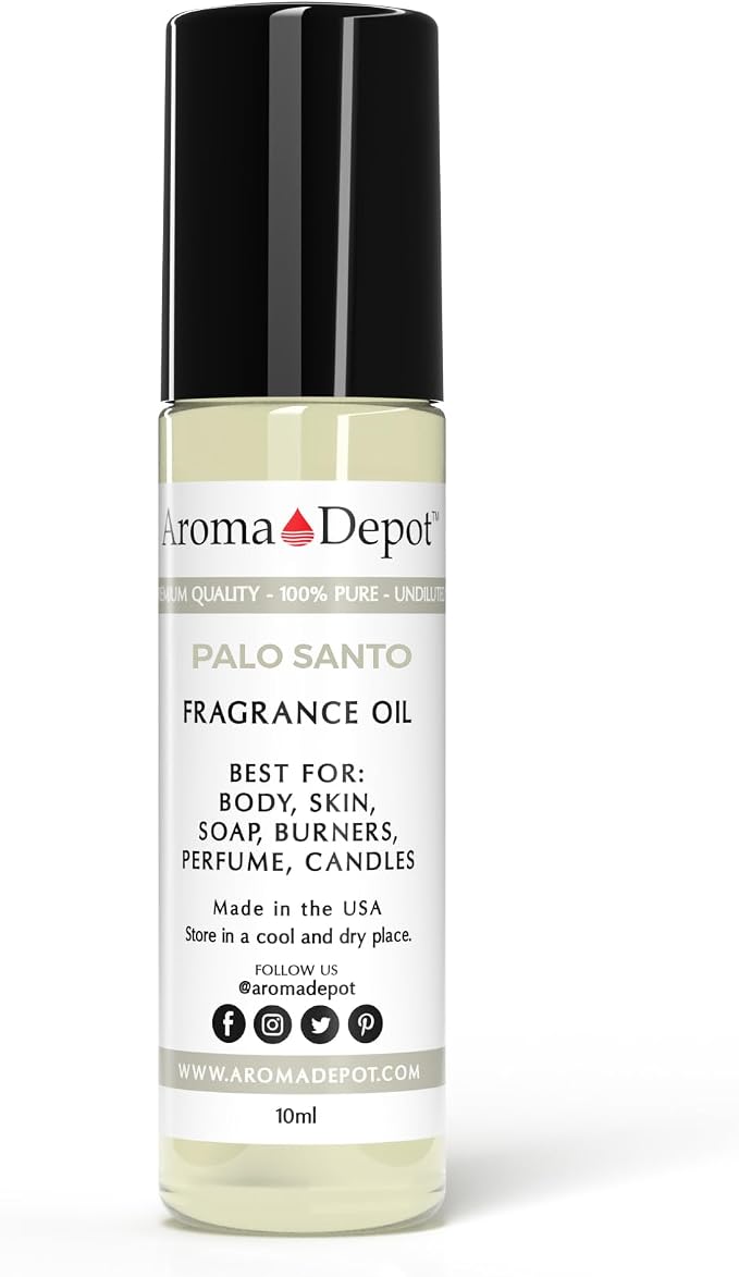 Aroma Depot 10ml. Palo Santo Fragrance Oil, Perfume, Skin Oil, Scented. Can be used for candles, bath bombs, body butter, creams, and lotions. Works for diffusers, burners, or heaters.