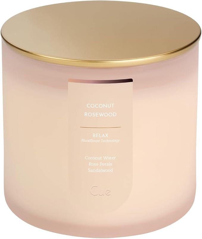 CUE Scented Candle |MoodBoost Essential Oils |OpenWick Clean Burning Candle | Soy Coconut Wax Blend | for Home | Mother's Day Candle Gift |Extended Burn Time (14oz, Coconut Rosewood)