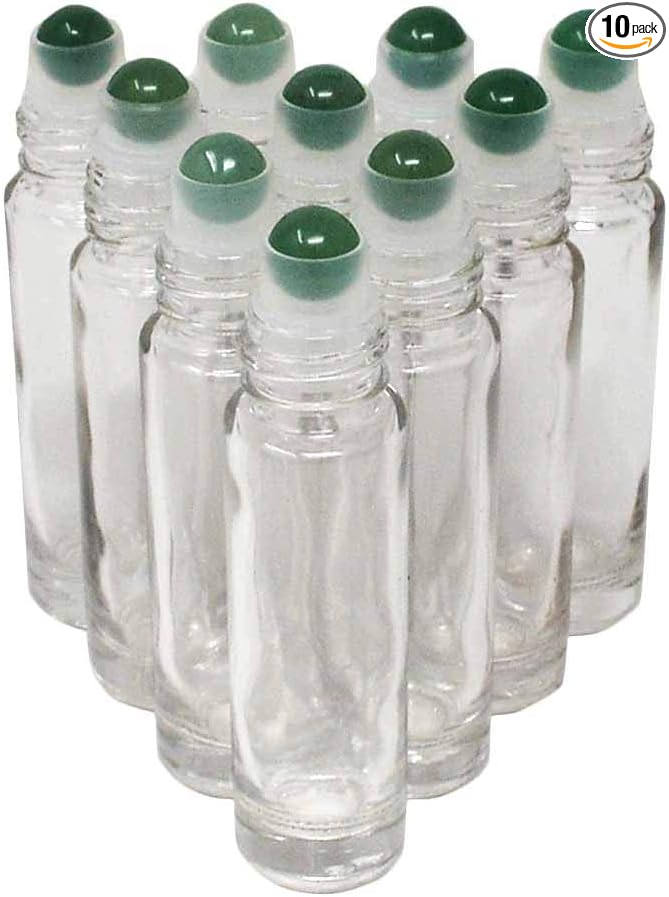 fengshuisale 10pcs Clear 10ml Empty Refillable Glass Bottles with Crystal Semiprecious Stones Essential Oil Gemstone Roller Ball Bottles with Silver Lid with Free Bag W3900 (Aventurine)