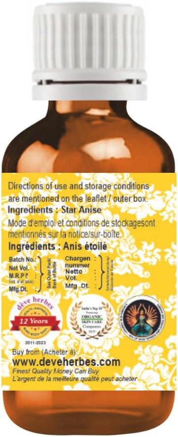 dève herbes Star Anise Essential Oil (lllicium verum) Pure | Non-Sticky | Non-Greasy | Lightweight | Men & Women | All Skin Types | Steam Distilled 15ml (0.5 oz)