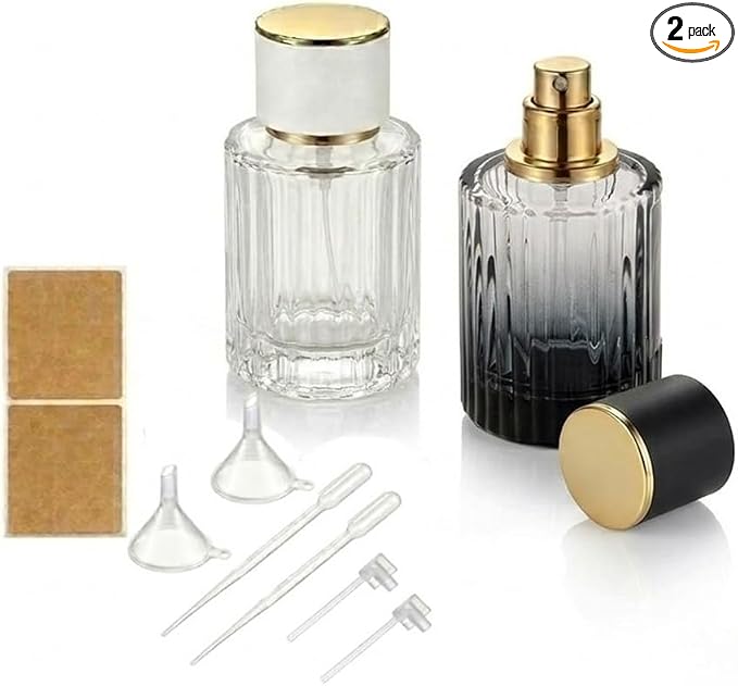 Empty Perfume Spray Bottles Set, Ribbed Glass Atomizer Refillable Portable Glass Atomizers with Funnel and Dropper, Fine Mist Spray for Women Men Dispenser Fragrance Container Set (2PCS, Clear+Black)