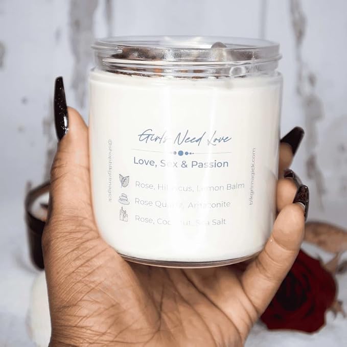 BlkGrlMagick Rose Quartz Self Love Manifestation Crystal Candle, Sea Salt and Orchid Scented Amazonite,Rose Petals, Hibiscus, Organic Soy Candles, Handmade, Black Owned Spiritual Gifts (4oz Tin)