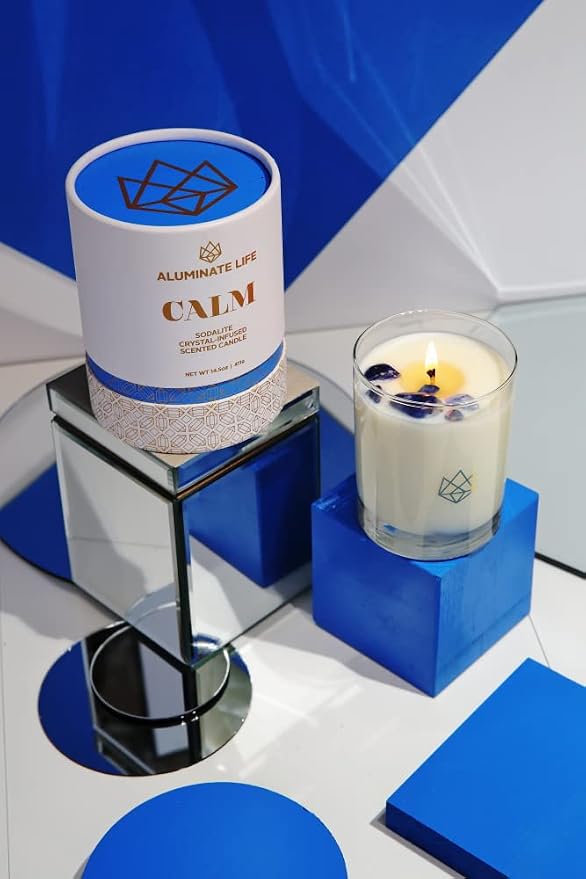 Luxury Glass Jar Candle, 14.5 OZ, Calm - Sodalite Healing Crystal Infused - Scents of Chamomile, Howood, & Sage - Destress, Insight, Serenity, & Peace - Coconut Wax, Essential Oils