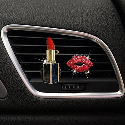 Crystal Lips Vent Clip，Sexy Lips Bling Car Charm Air Vent Clips Rhinestone Car Interior Accessories Diamond Car Decor for Girls & Women（Red）