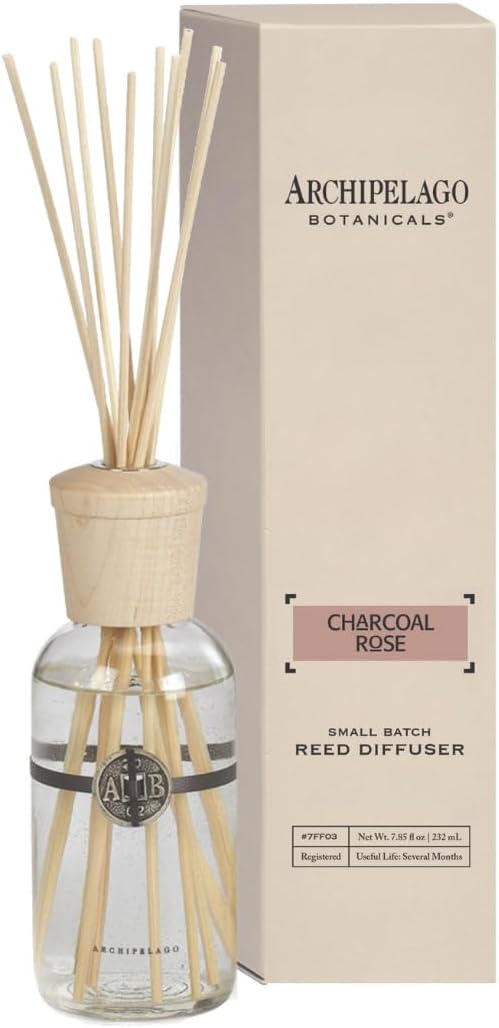 Archipelago Botanicals Charcoal Rose Reed Diffuser, Home Fragrance Reed Diffuser, Includes Fragrance Oil, Decorative Wooden Cap & 10 Diffuser Reeds, Perfect for Home, Office or Gift, 7.85 fl oz