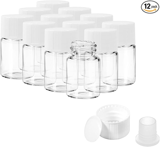 2ml Clear Glass Vials with Screw Caps and Plastic Stoppers, 1/2 Dram Small Liquid Sample Vial, Leak-Proof Vial, 12PCS(White Cap)