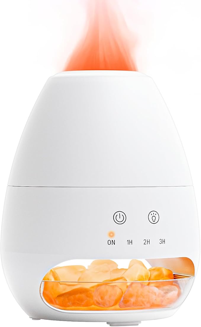 Ultrasonic Essential Oil Diffuser with Himalayan Salt Rock,Flame Diffuser with 2 Color Light,Aromatherapy Oil Diffuser with Auto Off Function for Home, Office,Spa,100ML