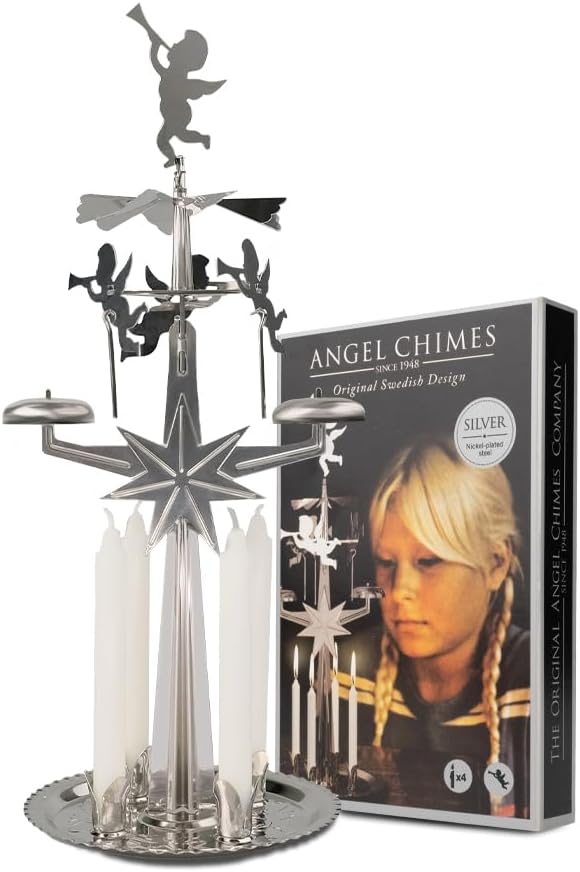 Original Swedish Angel Chimes and 4 Candles - Spinning Festive Chimes - Silver Color