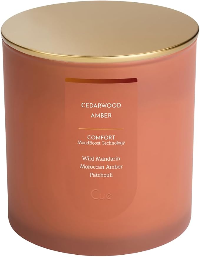 CUE Scented Candle |MoodBoost Essential Oils |OpenWick Clean Burning Candle | Soy Coconut Wax Blend | Candle for Home | Gift |Extended Burn Time (8.5oz, Cedarwood Amber)