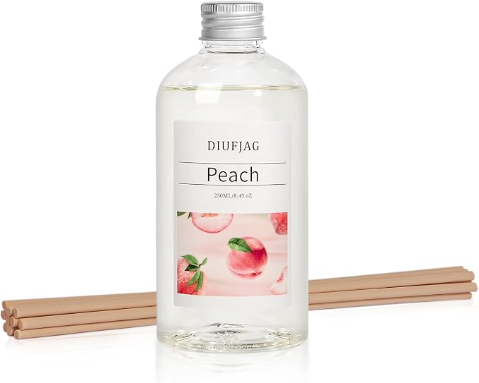 Peach Diffuser with 10 Fiber Sticks, 200ml (6.7 oz) Diffusers for Home Essentials Bathroom,Last up to 60 Days