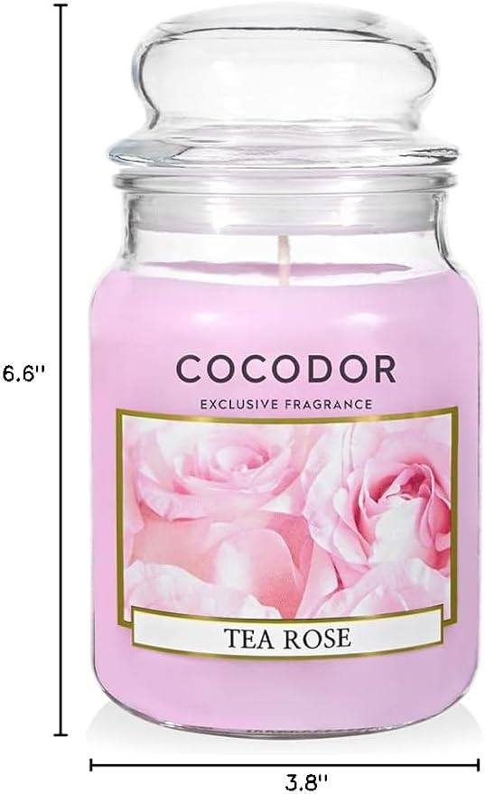 COCODOR Candle Tea Rose Scented, Large Glass Jar 18oz Wick Candle, 110 Hours of Burn Time