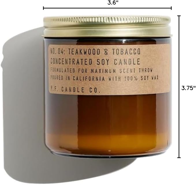 P.F. Candle Co. Teakwood & Tobacco Classic Large Concentrated Scented Soy Wax Candle (12.5 oz) 60-70 Hour Burn Time, Amber Glass Jar, Made in the U.S.A.