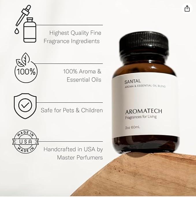 AromaTech Santal Aroma Essential Oil Blend: Luxury Hotel Inspired Aromatherapy with Amber, Vanilla, Cedar & Sandalwood for Ultrasonic Diffusers (2 Fl Oz (Pack of 1))