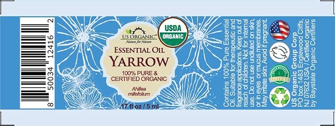 US Organic 100% Pure Yarrow Essential Oil, USDA Certified Organic, Steam Distilled, Achillea Millefolium, Therapeutic Grade, Calming & Soothing, Skin Care & Aromatherapy, Sourced from Bulgaria (5 ml)