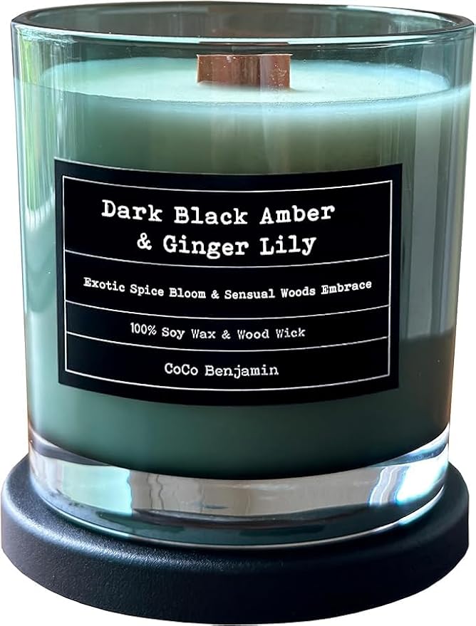 100% Soy, Highly Scented, Hand Poured Soy Candle (Dark Black Amber & Ginger Lily (Wooden Wick))