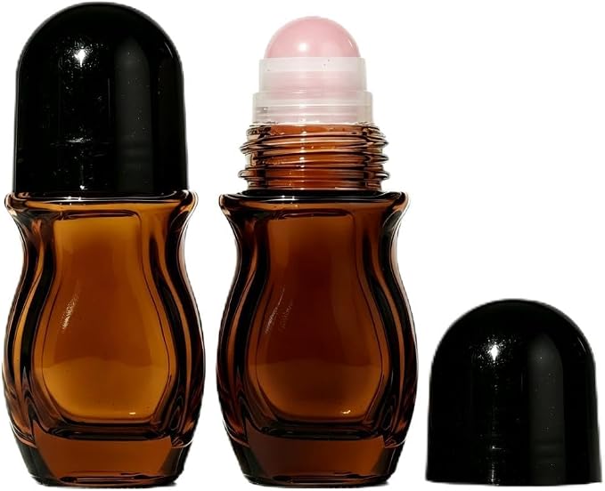 2 Pcs 50ml Glass Roll On Bottles with Jade Roller Balls Leak-Resistant Design for Essential Oils, Perfume & DIY Deodorant Refillable, Includes Funnel & Opener (Oval) (50ML Pink amber bottle)