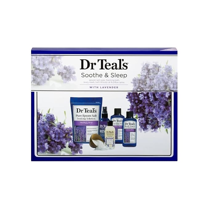 Dr Teal's Lavender Soothe & Sleep Full Regimen 5-piece Gift Set (Epsom Salt Soaking Solution, Foaming Bath, Body Wash, Moisturizing Bath & Body Oil, Pillow Spray)