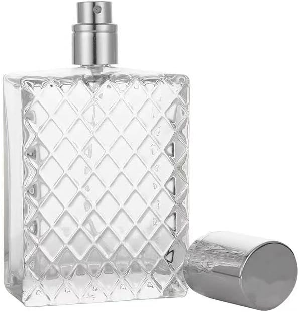 2 Pack 100ml Glass Perfume Atomizer,Square Lattice Perfume Spray Bottle with Silver Aluminum Sprayer,Portable Fragrance Fine Mist Spray Bottle for Travel