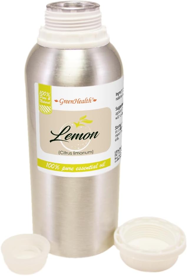 GreenHealth Lemon Essential Oil 8 fl oz (237 ml) – 100% Pure – Aluminum Bottle w/Plug Cap – Fresh Citrus Aroma for Diffusers, Candle & Soap Making, DIY Crafts