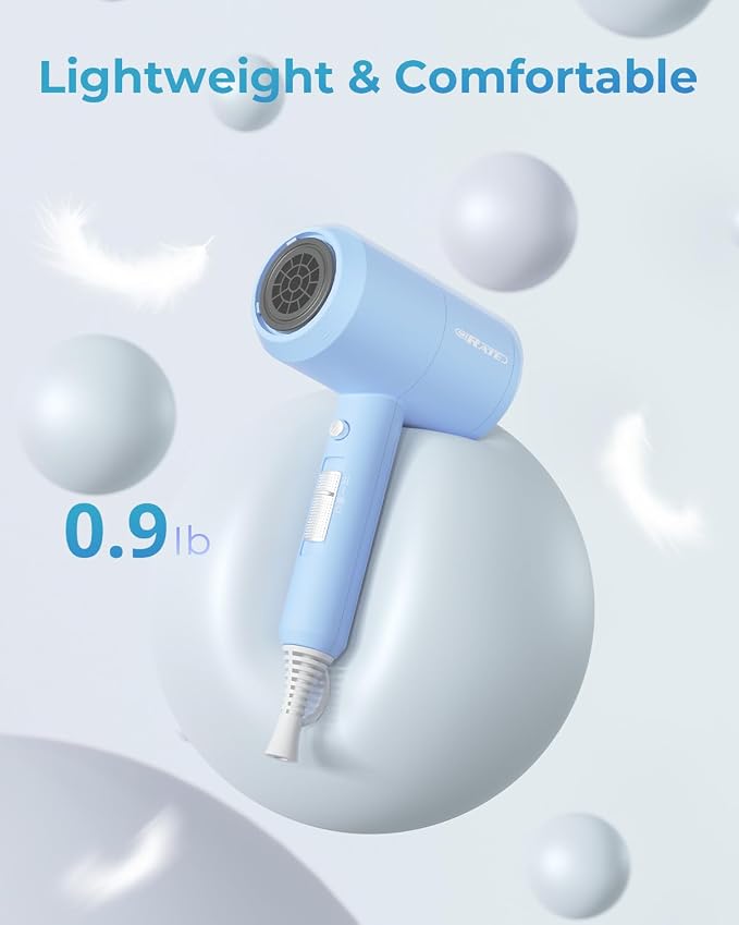 SHRATE Ionic Hair Dryer with Diffuser | Professional Blow Dryer for Curly, Frizzy & All Hair Types | Low Noise & Gentle for Sensitive Hair | Compact & Portable Design for Home, Travel, Women & Men