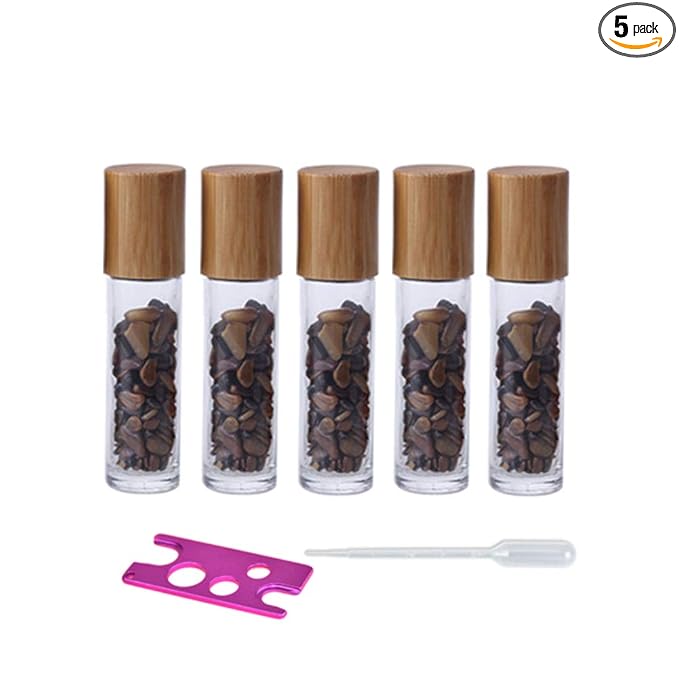 5 Pack 10ml Clear Roll On Bottles With Natural Chakra Crystal Chips for Essential Oils,Perfume Glass Roller Bottles Container Bamboo Lid,Crystal Roller,Pipette&Opener Included (Tiger Eye)