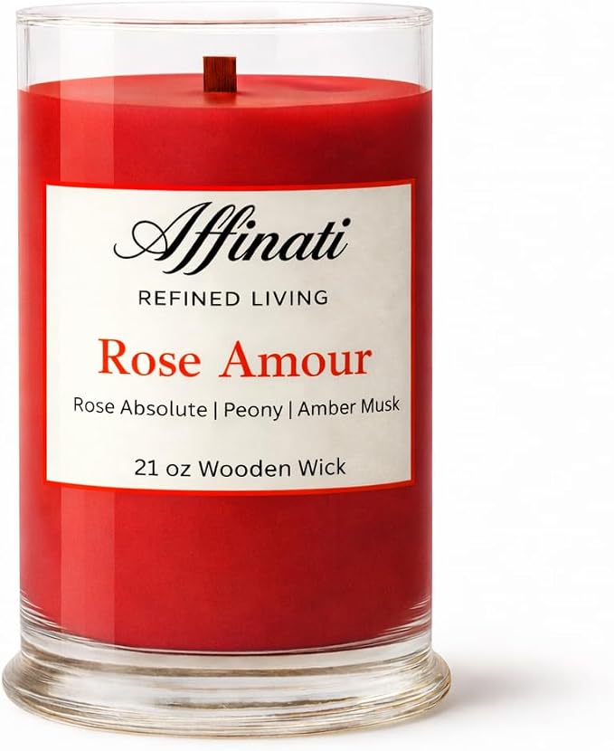 Affinati Rose Amour Large Scented Candle, 21 oz Wooden Wick Tumbler – Extra Long Lasting Premium Floral Fragrance, Large Room Luxury Soy Candle