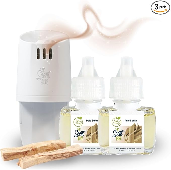 Scent Fill 100% Natural Palo Santo Plug in Air Freshener, Scented Oil Refills, 2 Refills + Diffuser