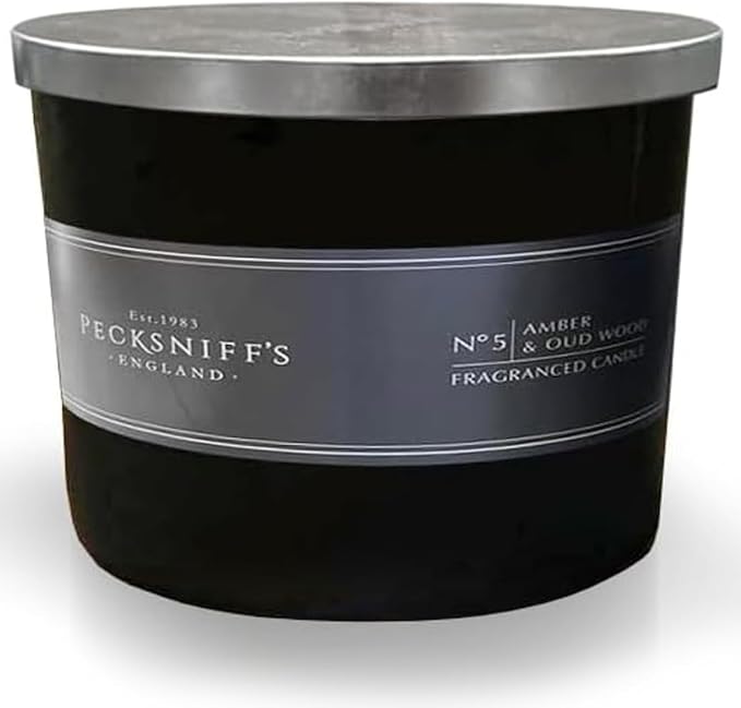 Pecksniffs Luxurious Black Tall Amber & Oud Wood Scented Candle | 3 Wicks, 283g/9.9oz