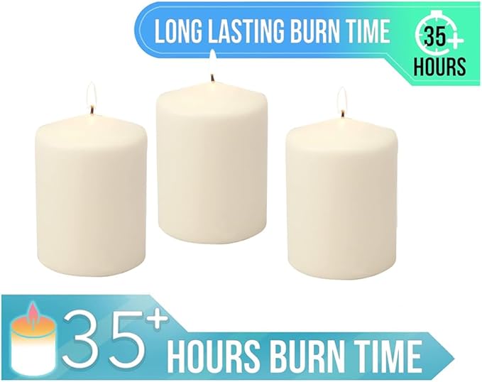 Stonebriar Unscented Pillar Candles – 35 Hour Burn Time, Long-Lasting Wax Candles for Weddings, Holidays, Home Décor & Special Events, Pack of 3, Ivory, 3" x 4"