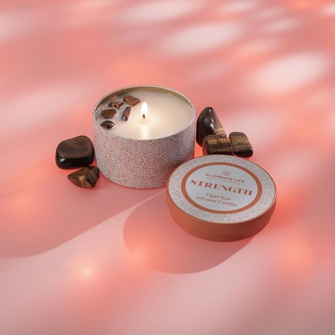 Luxury Candle Tin, 6 OZ, Strength - Tiger Eye Crystal Infused - Scents of Cedarwood, Amber, & Sage - Power, Courage, & Expansion - Coconut Wax, Essential Oils, Dr. Developed