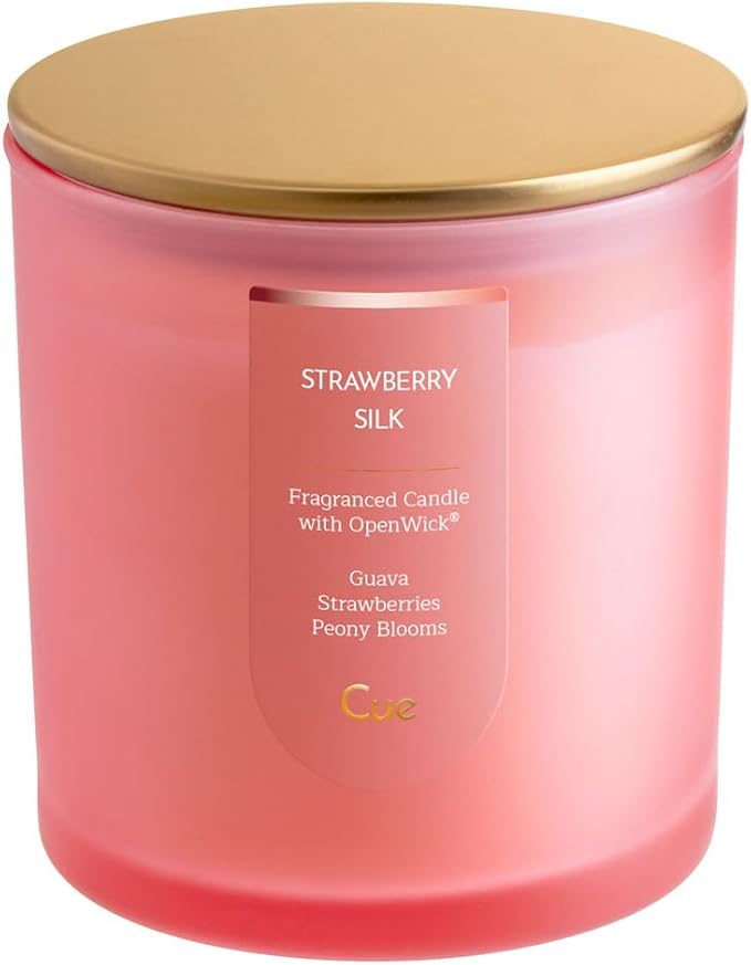 CUE Scented Candle | OpenWick Clean Burning | Soy Coconut Wax Blend | Spring | Summer | Clean Burning | Gift | Extended Burn Time (8.5oz, Strawberry Silk)