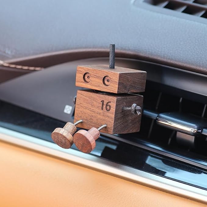 Car Air Diffuser - 2-in-1 Shaking Wooden Man Figurine & Refillable Aroma Vent Clip with 5ml Capacity + 5 Sticks, Walnut Wood Essential Oil Air Freshener Car Dashboard Accessories Decor Gift for Driver