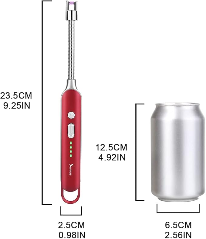 SUPRUS Electric Rechargeable Arc Lighter with LED Battery Display Long Flexible Neck USB Lighter for Candle Cooking (Red)