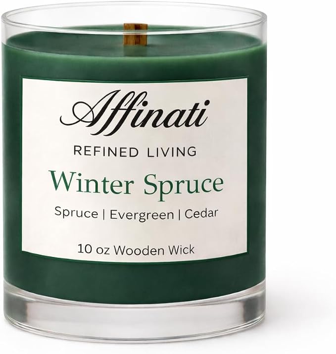 Affinati Winter Spruce Scented Candle, 10 oz Wooden Wick Tumbler Jar – Highly Fragrant Fresh Evergreen Christmas Tree Aromatherapy, Soy Gift