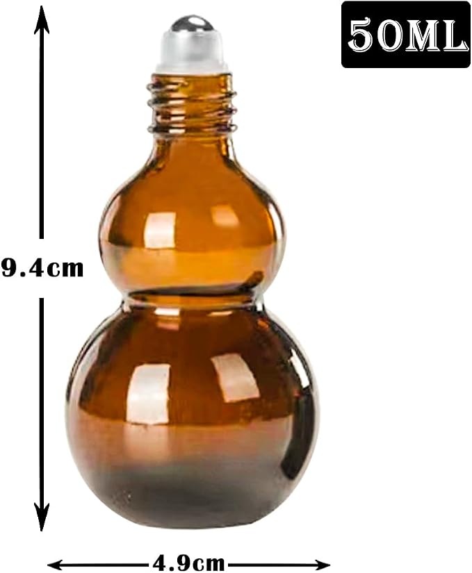 Essential Oil Roller Bottles, 50ml Amber Gourd Shaped Glass Roller Bottles with Stainless Steel Roller Ball, for Travel,Perfume (Amber-Gold Cap, 50ML)