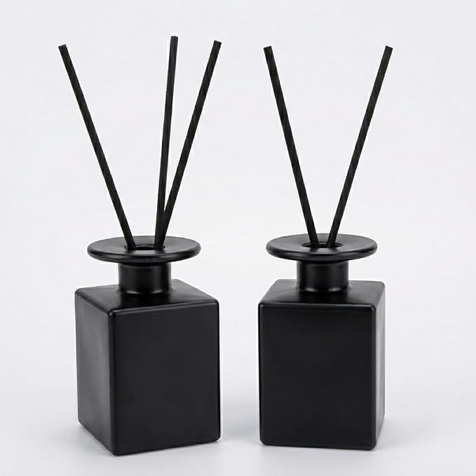 2 Pack 150ml Glass Reed Diffuser Container with Black Sticks, Empty Essential Oil Diffuser Jars with Protective Packaging for DIY Home Fragrance, Bathroom, Bedroom and Office Decor (2, Matte Black)