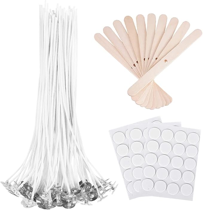 Antunihood Bulk Candle Wicks 100 Pcs with 60Pcs Candle Wick Stickers and 10 Pcs Wooden Candle Wick Centering Device for Soy Beeswax Candle Making (8inch)