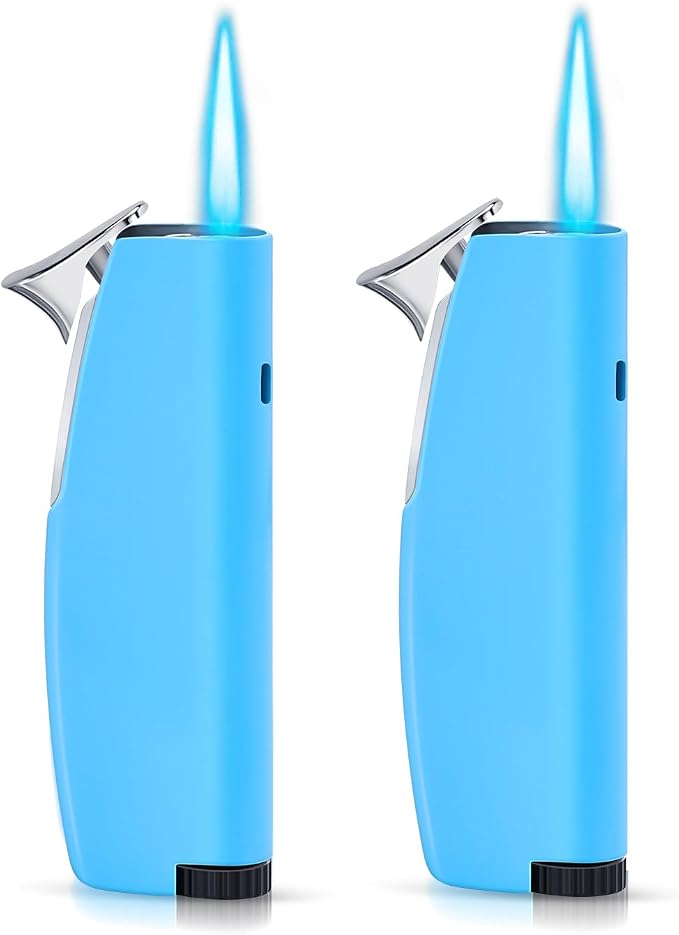 Women's Mini Butane Torch Lighter, Windproof Jet Flame Refillable Adjustable Candle Lighter for BBQ, Camping, Daily Use, Ideal Gift, 2 Pack (Blue, Butane Not Included)