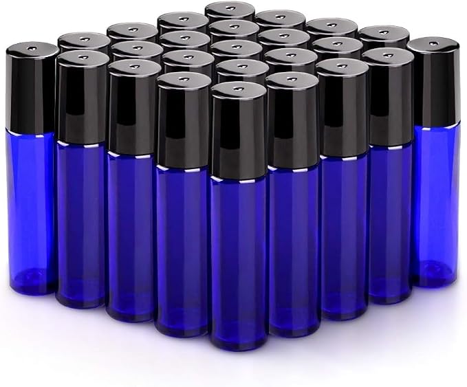 sungwoo 25 Pack Essential Oil Roller Bottles, 10ml Blue Glass Roller Bottles with Stainless Steel Roller Balls and Caps for Travel, Perfume and Lip Gloss